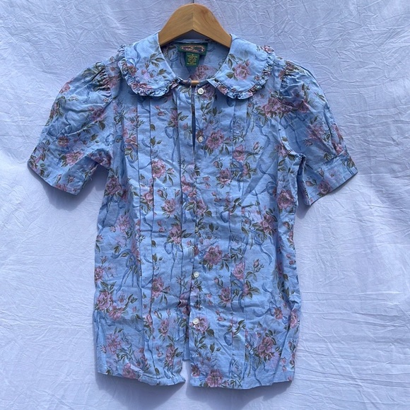 PETER Pan Collar Floral Short Sleeve Buttondown Blouse 100% Cotton Size 2 - Picture 14 of 14